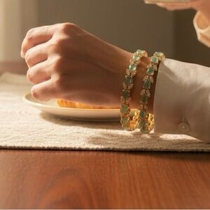 Gold Bracelet Set with Green Gemstones